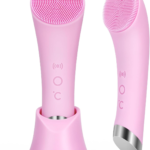 Facial Cleansing Brush, Rechargeable Silicone Face Scrubber with Heat Massage End, Vibrating Exfoliator Scrubber for Deep Cleaning, Waterproof Face Brush for Women and Men (Pink)