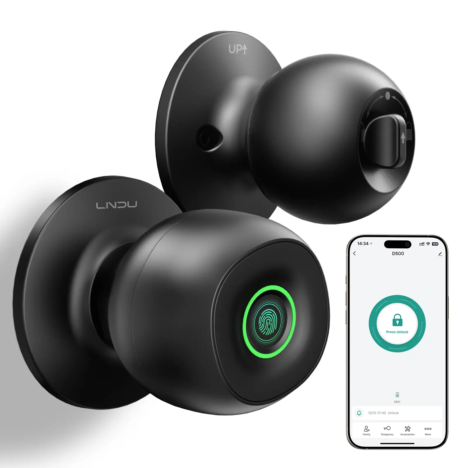 210b11fb6c3d3193ae7c697e46fee3c1-3.png LNDU D500 Smart Fingerprint Door Knob with APP Control, Biometric Keyless Entrance Door Lock with 3 Modes (Privacy/Passage/Auto-Lock), 0.3S Fast Unlock, 100 Fingerprints, Type-C Emergency Charge for Bedroom, Office, Home - Image 1
