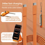 240W Supercharge 2-In-1 Detachable Type-C Charging Cable, Zinc Alloy Silicone Cable with Rotating Invisible Stand, Single-Head Extend Charger for Apple & Samsung Smartphones, Ideal for Gaming & Car Use - Image 3