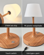 Cordless LED Wood-Grain Small Table Lamp, Waterproof Shower Light with 4000Mah Battery, Portable Rechargeable Touch Dimming Night Light for Bathroom, Outdoor Camping, Kitchen, Patio, Restaurant - Image 8