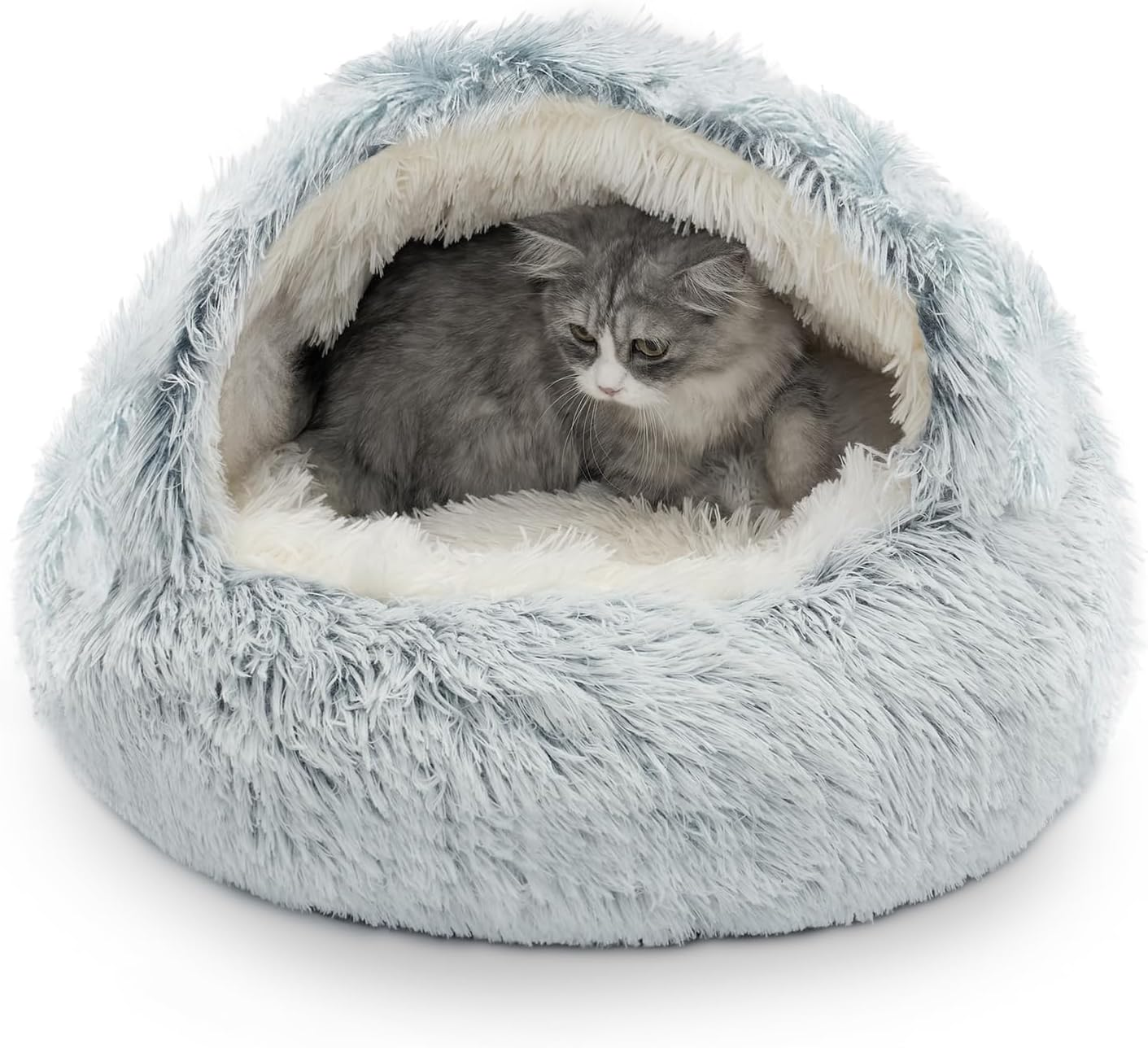 5dce63841c9e5e6f6d362bc48025fb9f.png Cozy Plush Hooded Cat Bed, Indoor/Outdoor, Self-Warming Cave, Removable Washable Non-Slip Bottom - Image 1