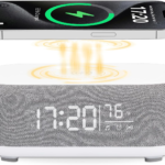 4In1 Alarm Clock with Wireless Charging Wireless Speaker Night Light & Temperature Display – Customized Sleep-Wake Routine Alarm Clock for Heavy Sleepers (Gray)