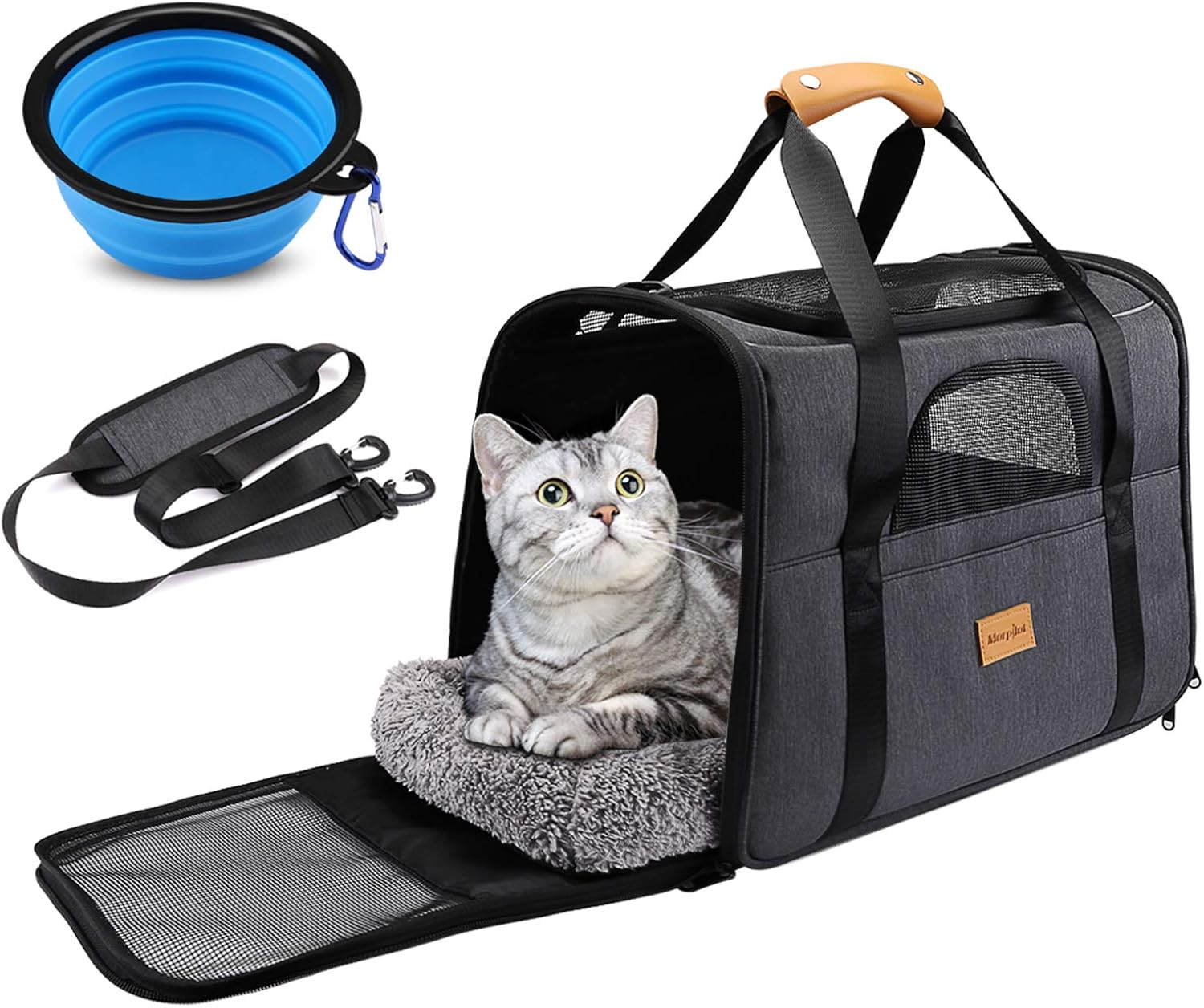 d809eeaf3d3b74412efea86deb5d6738.png Portable Soft-Sided Cat and Small Dog Carrier, Airline Approved Travel Bag with Shoulder Strap, Removable Mat, and Pet Bowl - Image 1