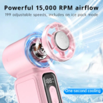 F711 Mini Portable Handheld Ice Fan High Speed 15000 RPM Turbo Fan 199 Adjustable Levels with Ice Cooling Mode Personal Fan for Summer Travel Outdoor Activities - Image 4