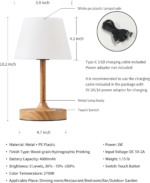 Cordless LED Wood-Grain Small Table Lamp, Waterproof Shower Light with 4000Mah Battery, Portable Rechargeable Touch Dimming Night Light for Bathroom, Outdoor Camping, Kitchen, Patio, Restaurant - Image 5
